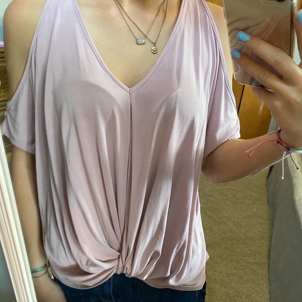 Pink Cold Shoulder Front Tie Top